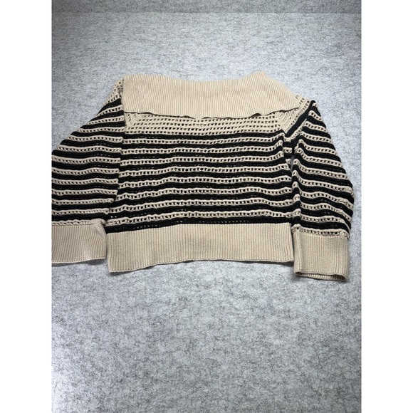 J Crew Sweater Womens Large Beige Black Striped Open Knit Pullover Cotton Collar - Picture 7 of 9